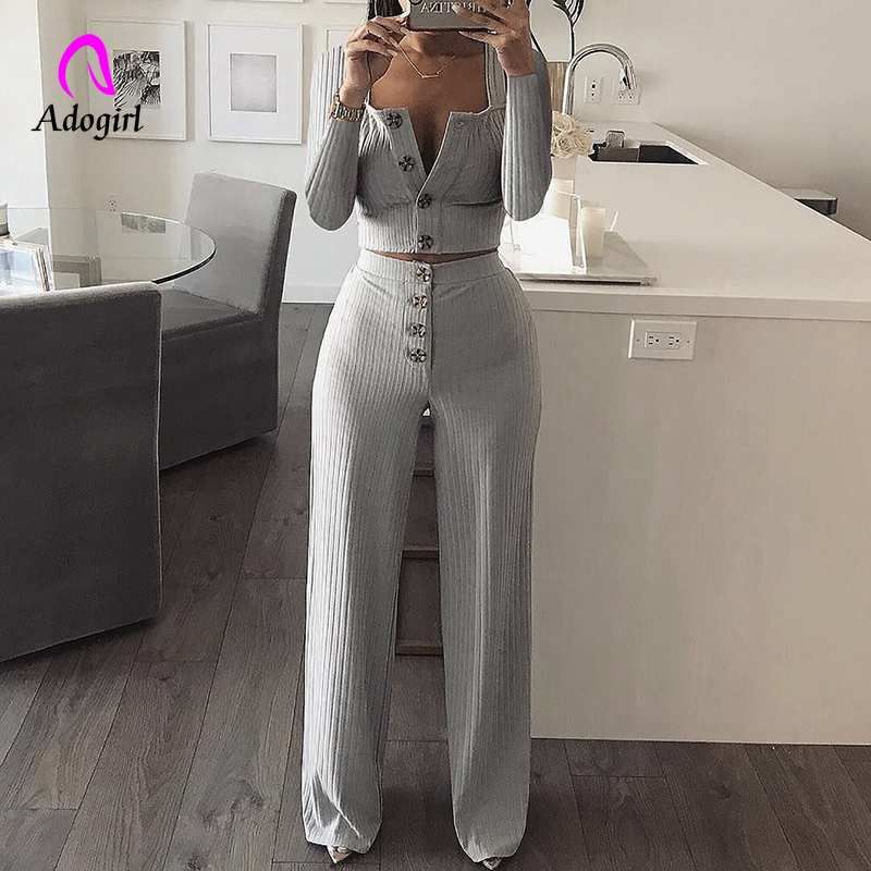 Gray Women Knitted Rib Sexy 2 Piece Set