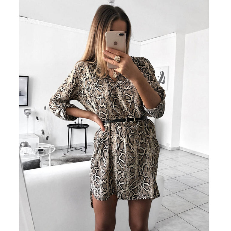 Leopard Snake Print Striped Long Sleeve Dress