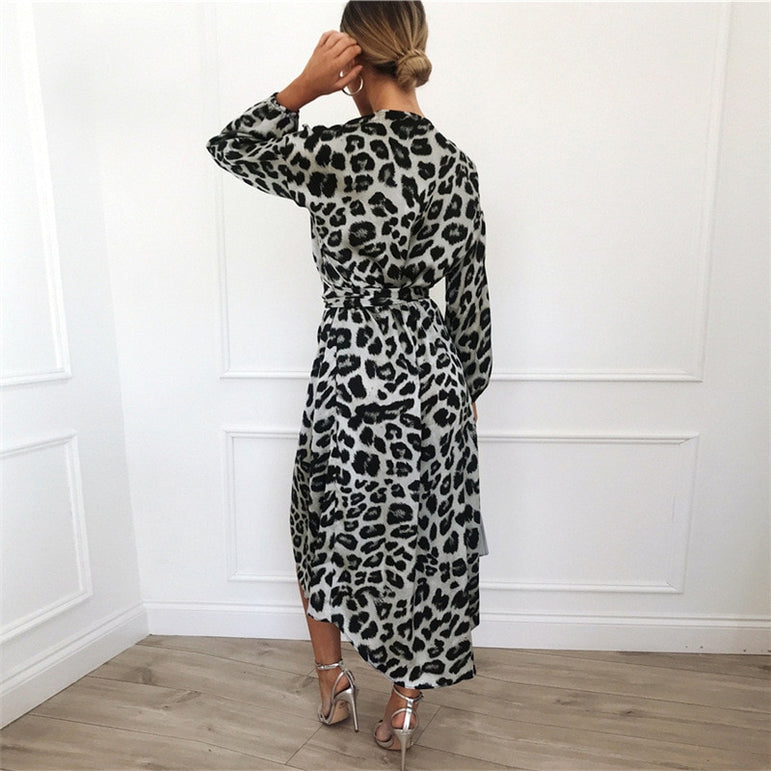 Leopard Dress Chiffon Long V-neck