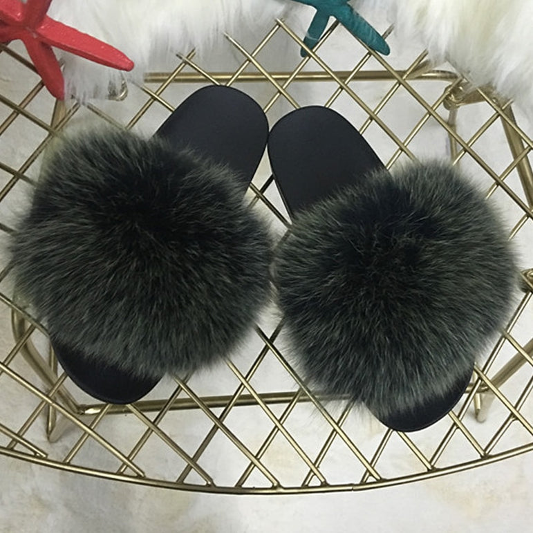 Hot Fur Slippers Women Fox Fluffy