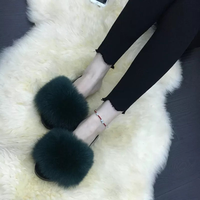 Hot Fur Slippers Women Fox Fluffy