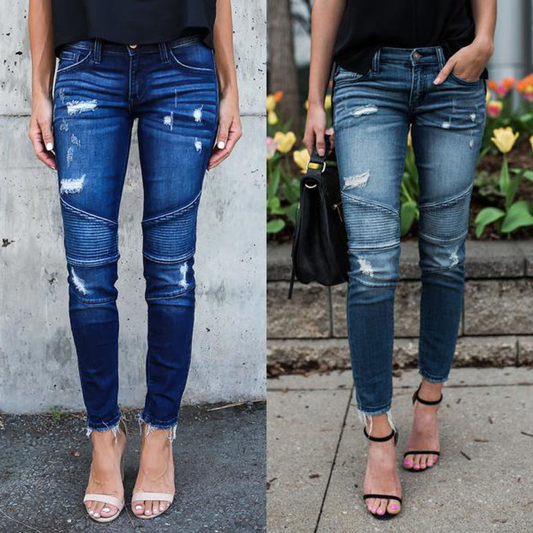 Denim Skinny Pants Ripped Pleated Stretch Jeans