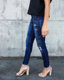 Denim Skinny Pants Ripped Pleated Stretch Jeans