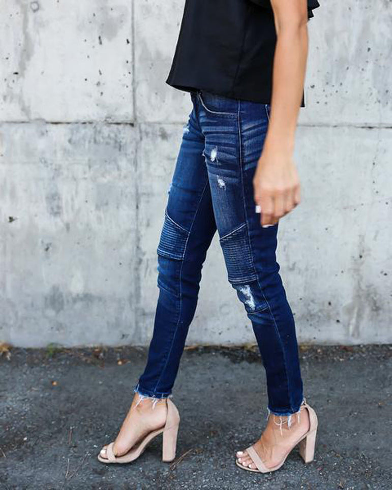 Denim Skinny Pants Ripped Pleated Stretch Jeans