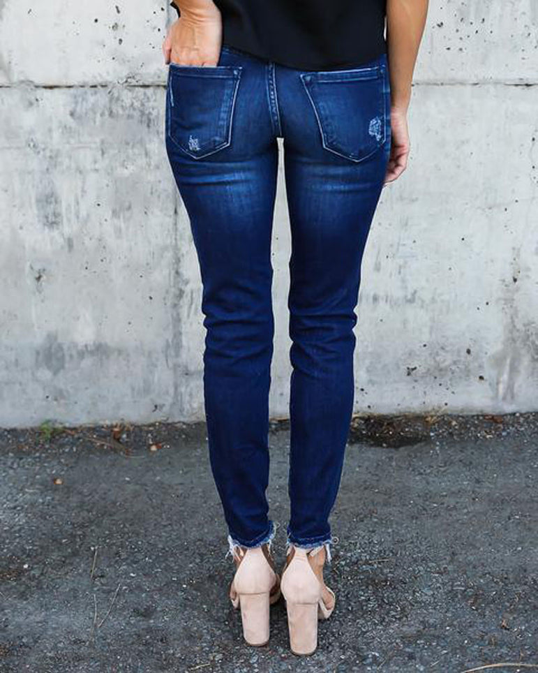 Denim Skinny Pants Ripped Pleated Stretch Jeans