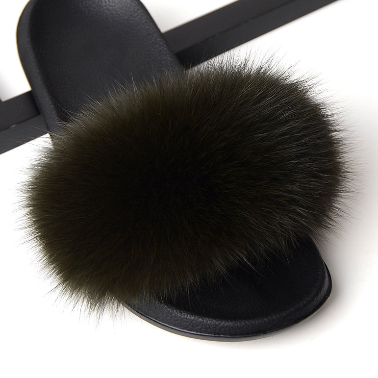 Flat Slippers Genuine Fox Fur