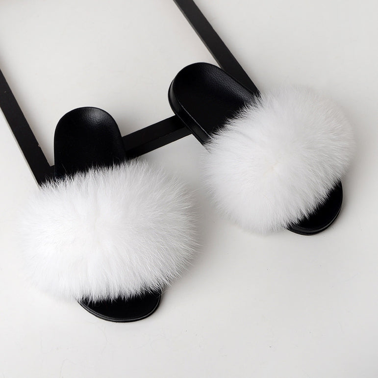 Thick Hair Summer Flat Slippers Fox Fur