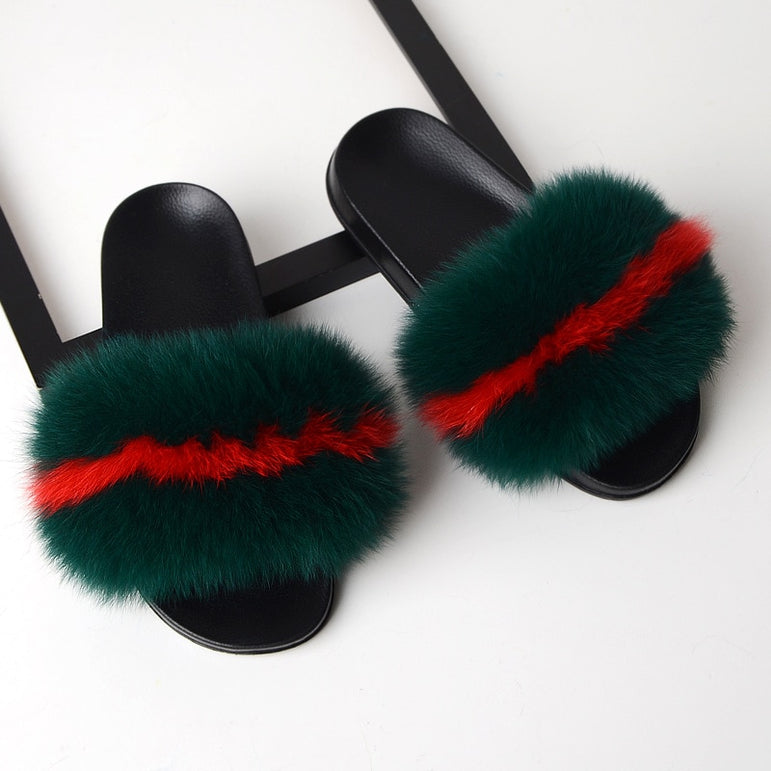 Thick Hair Summer Flat Slippers Fox Fur