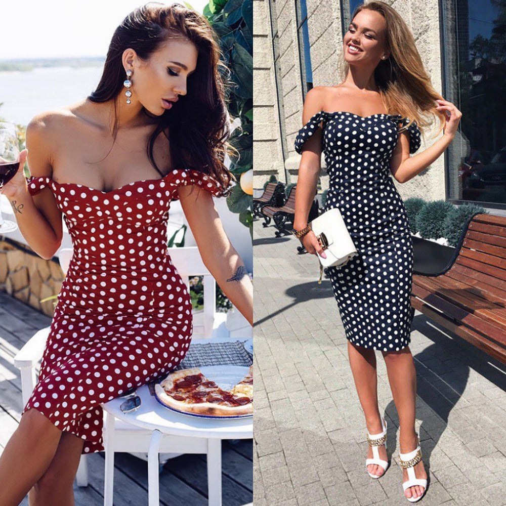 Off Shoulder Short Sleeve polka dot dress