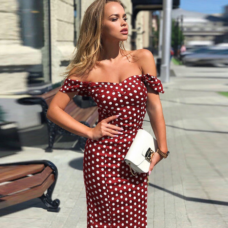 Off Shoulder Short Sleeve polka dot dress