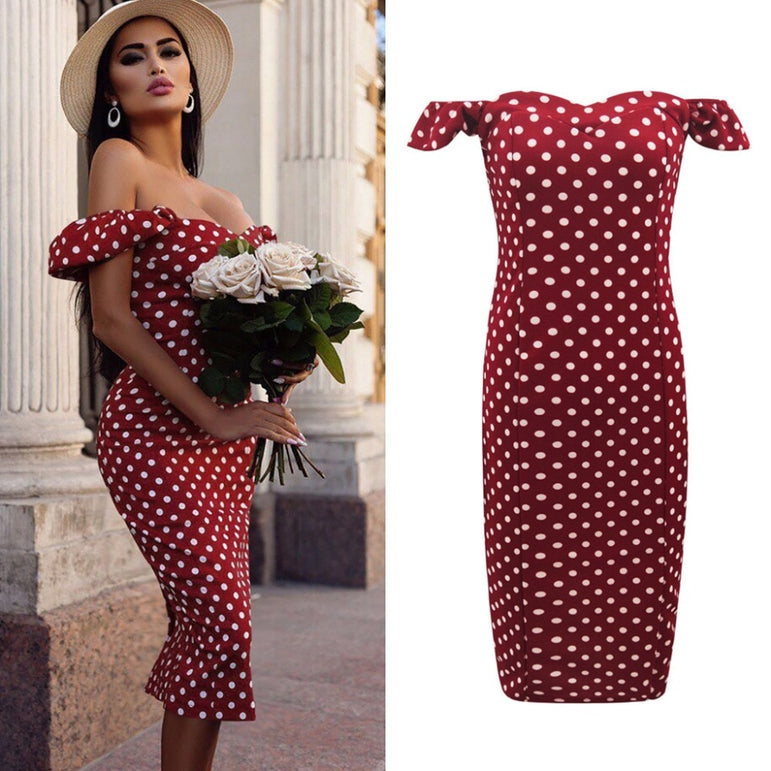 Off Shoulder Short Sleeve polka dot dress