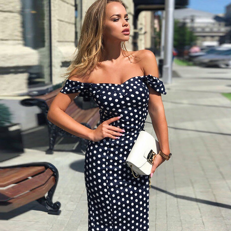 Off Shoulder Short Sleeve polka dot dress