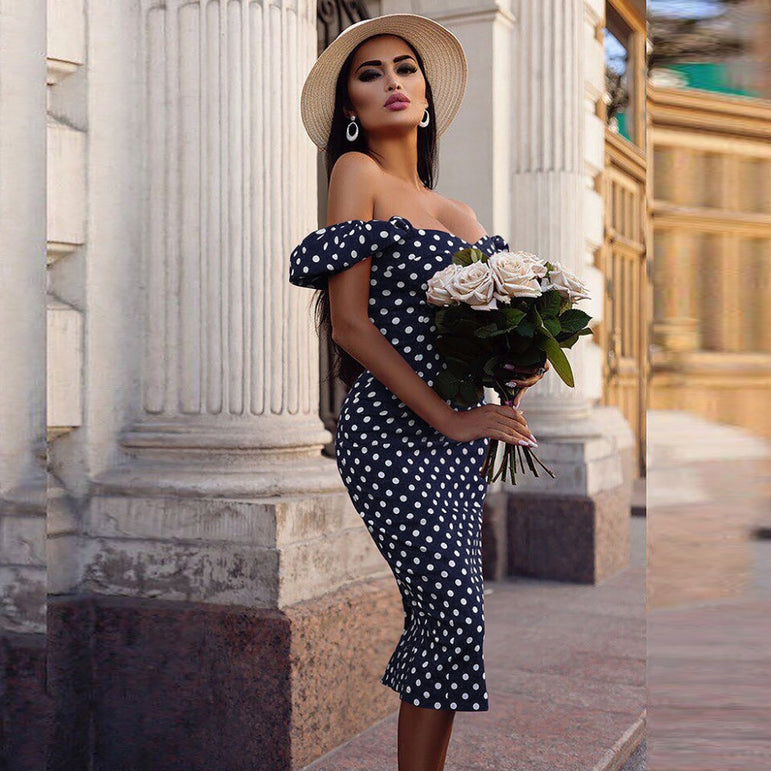 Off Shoulder Short Sleeve polka dot dress