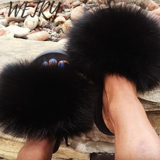 Thick Hair Summer Flat Slippers Fox Fur