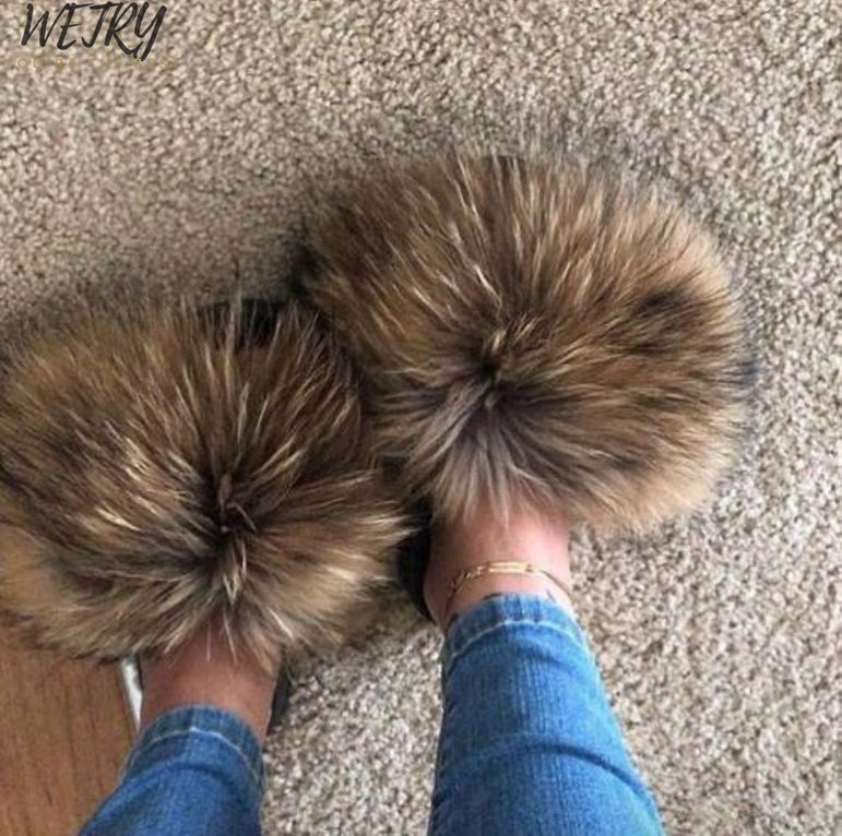 Flat Slippers Genuine Fox Fur