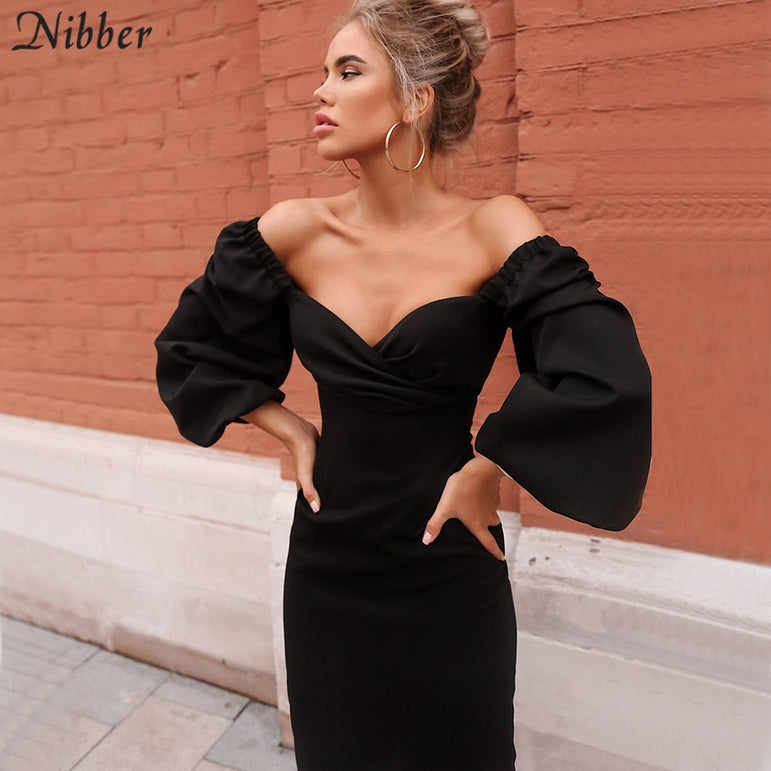 sexy pure V Neck off shoulder bodycon dress