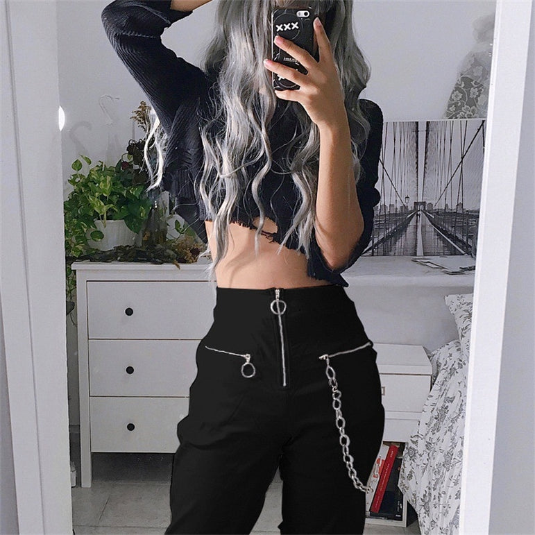 Zipper streetwear women casual pants