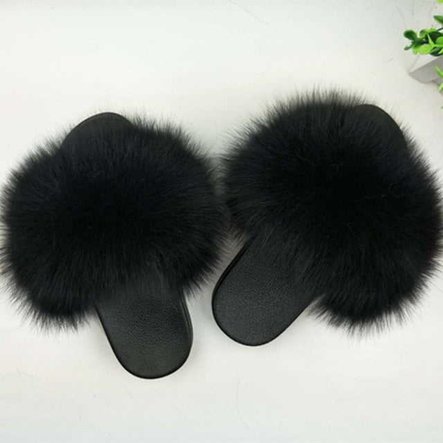 Thick Hair Summer Flat Slippers Fox Fur