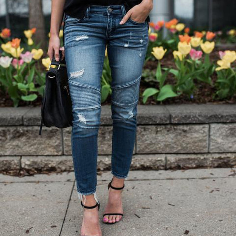 Denim Skinny Pants Ripped Pleated Stretch Jeans