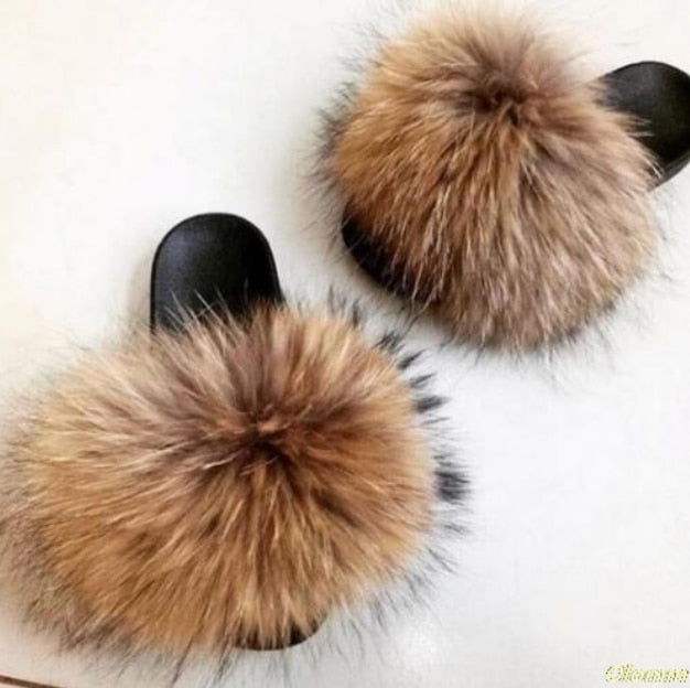 Hot Fur Slippers Women Fox Fluffy