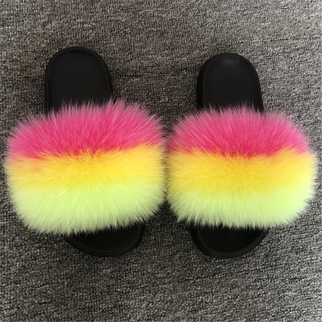 Hot Fur Slippers Women Fox Fluffy