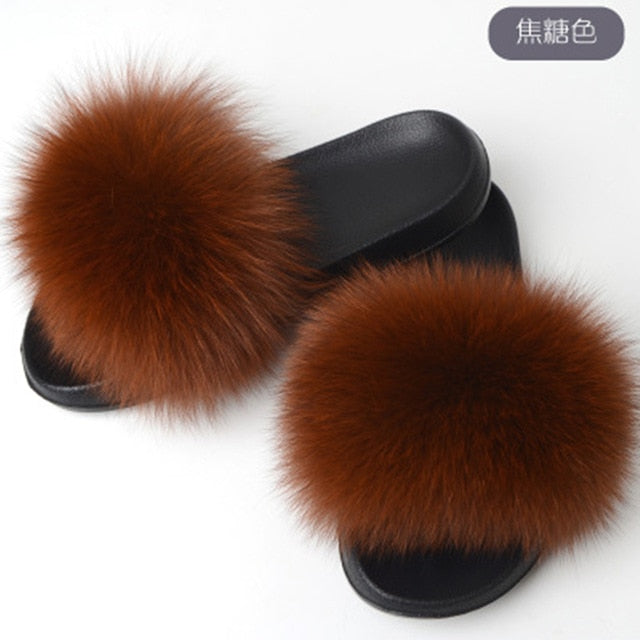 Hot Fur Slippers Women Fox Fluffy