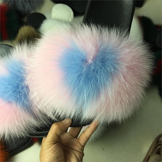 Hot Fur Slippers Women Fox Fluffy