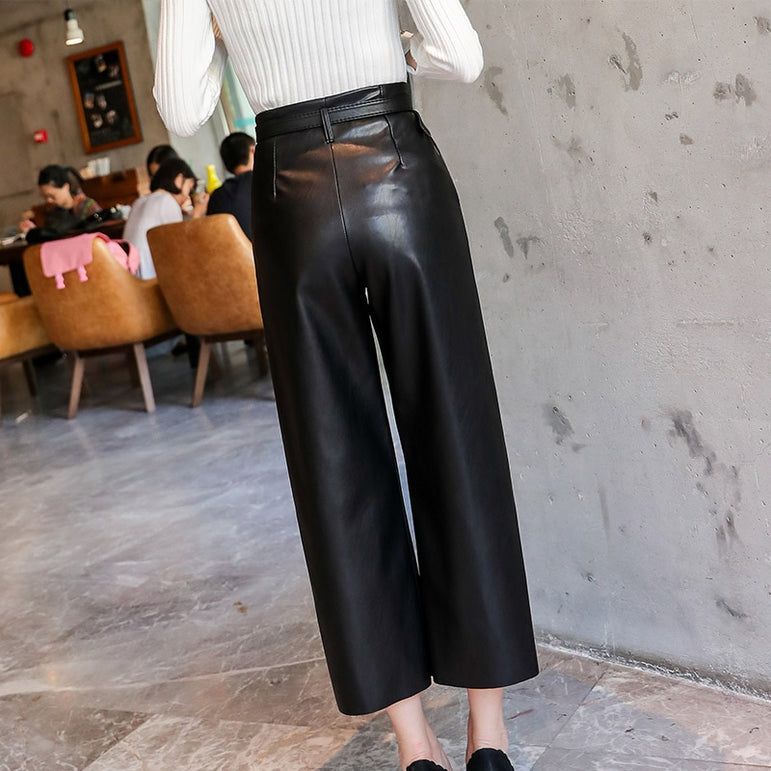 Leather Pants Women With Belt High Waisted