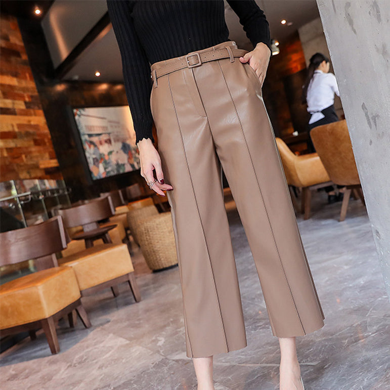 Leather Pants Women With Belt High Waisted