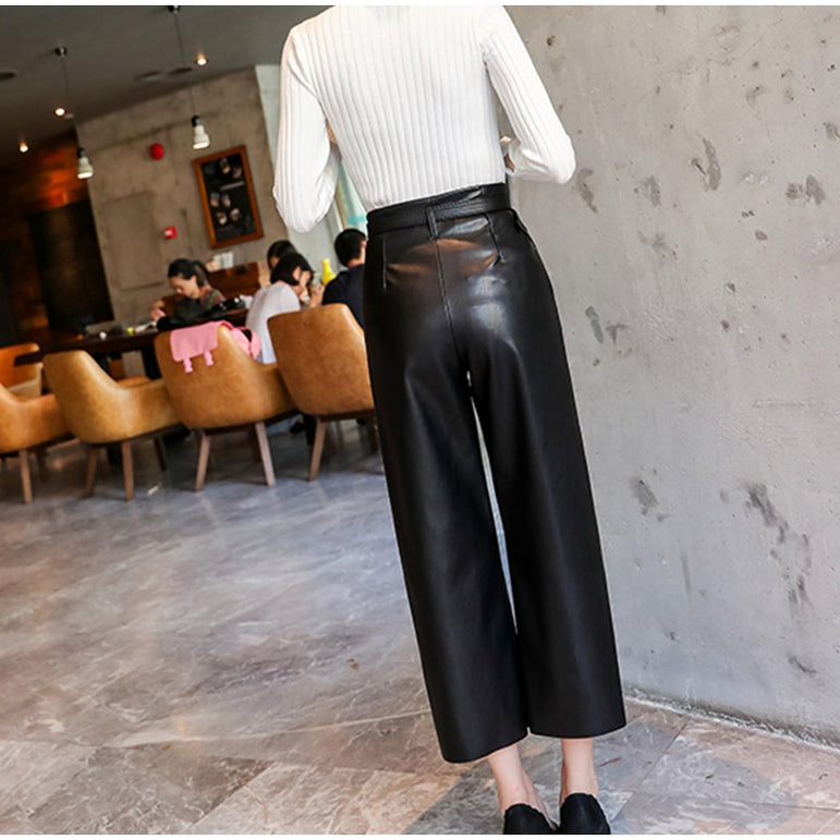 Leather Pants Women With Belt High Waisted