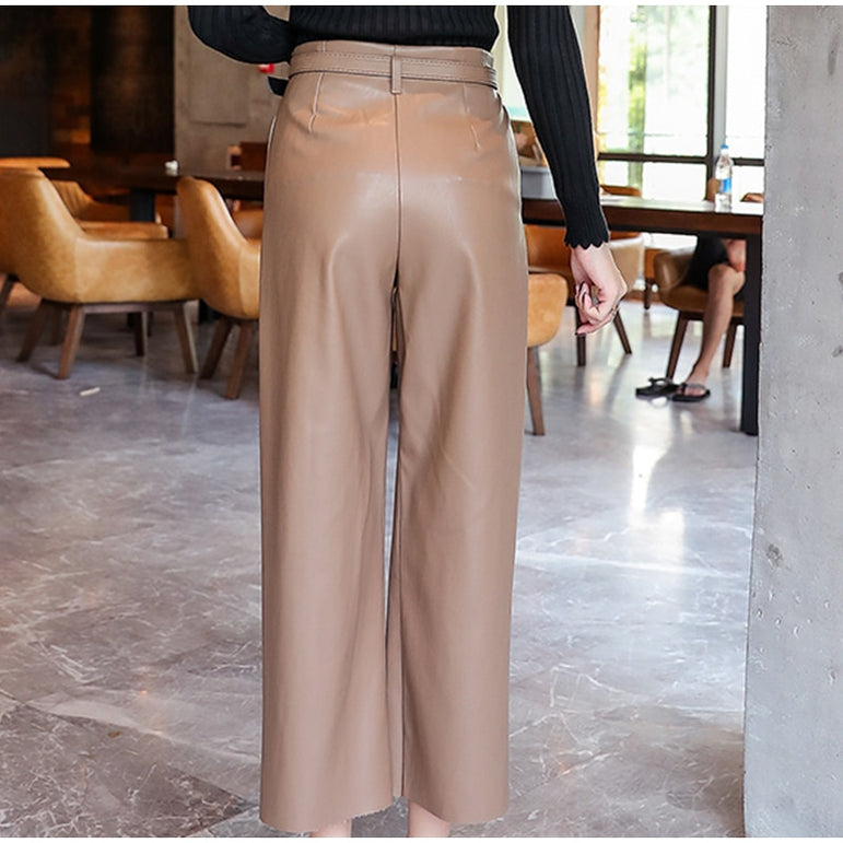 Leather Pants Women With Belt High Waisted