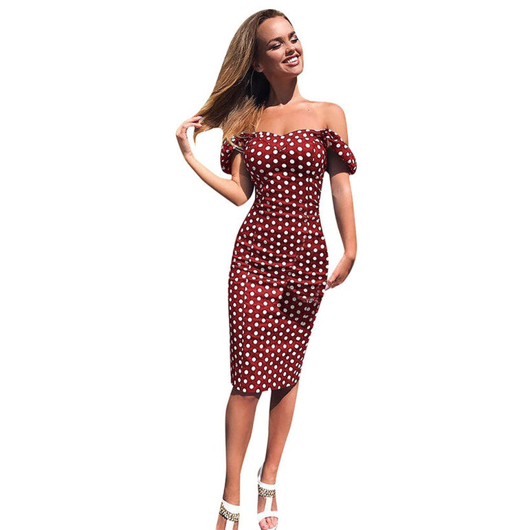 Off Shoulder Short Sleeve polka dot dress