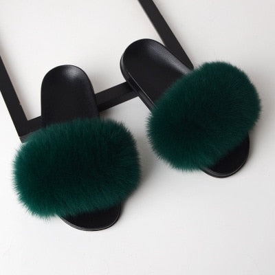 Thick Hair Summer Flat Slippers Fox Fur