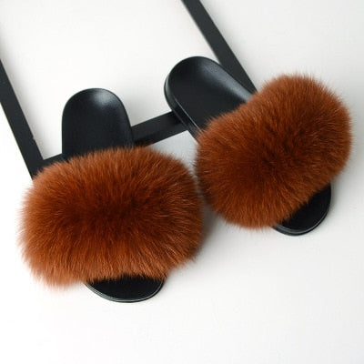 Flat Slippers Genuine Fox Fur