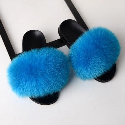 Thick Hair Summer Flat Slippers Fox Fur