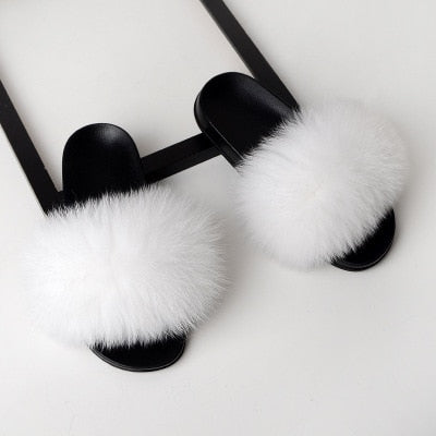 Flat Slippers Genuine Fox Fur