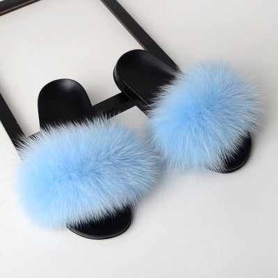 Thick Hair Summer Flat Slippers Fox Fur