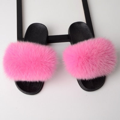 Flat Slippers Genuine Fox Fur